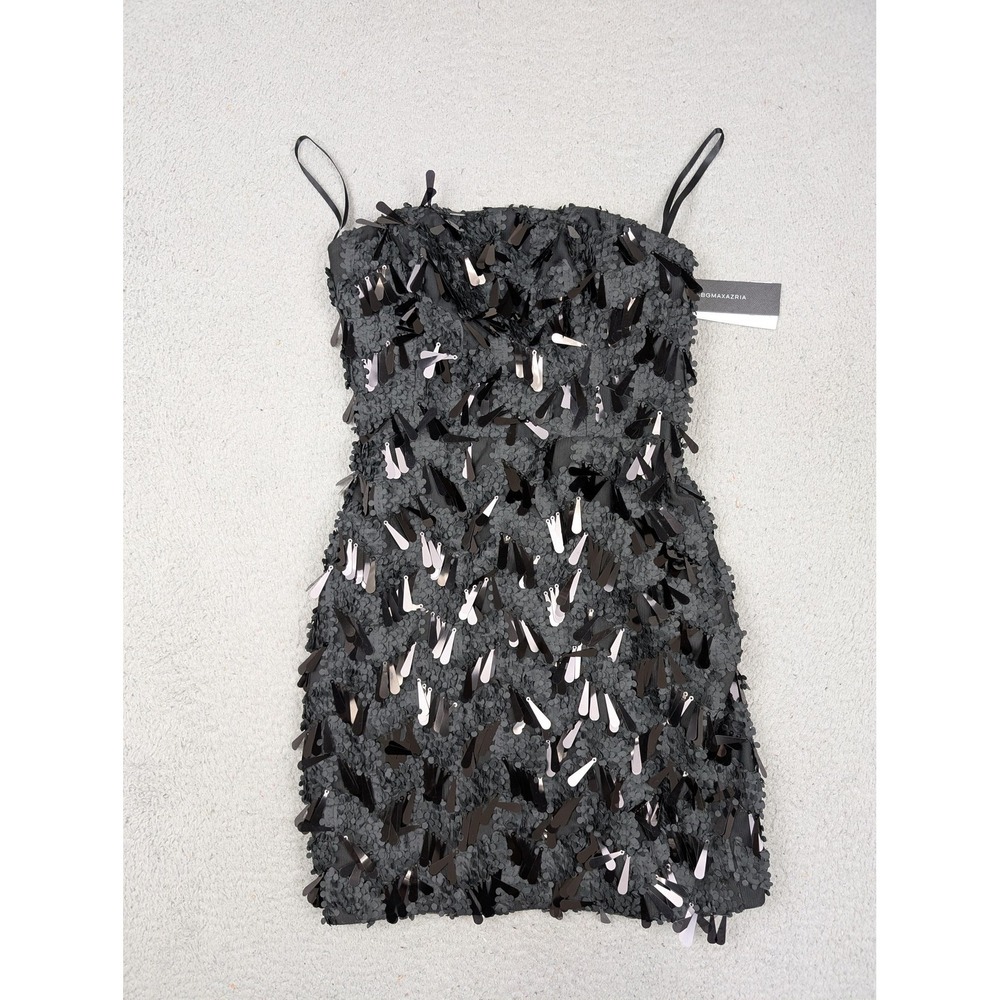 BCBGMAXAZRIA Dress Womens 0 Black Sequin Mini Strappy Lined Party Cocktail